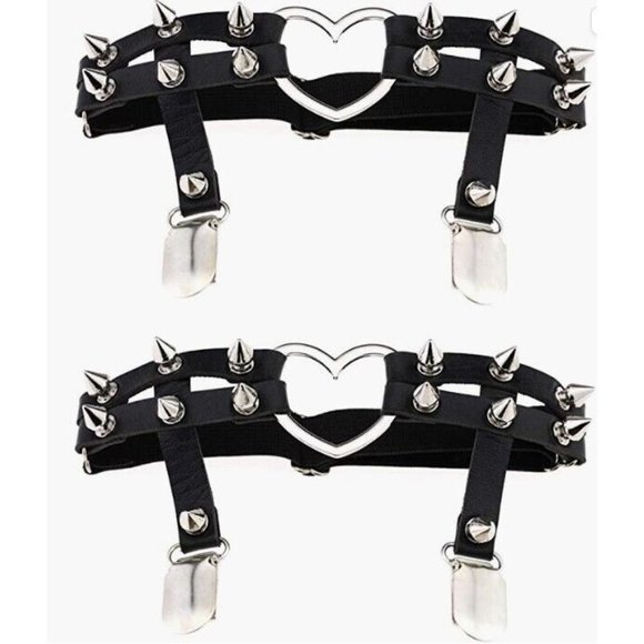 Spiked Studded Rivet Black Leather Elastic Garter Leg Thigh Belt Chain For Women - Picture 1 of 6